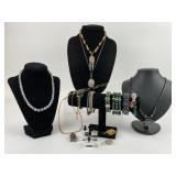 Costume Jewelry: Green stone bracelets, stainless