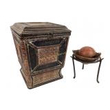 Decorative metal & woven bamboo box, carved wood