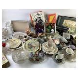 Tin, stoneware bowl, clear glassware, basket,