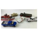Die-Cast Cars, Fireboat, Tank, and Wooden Truck