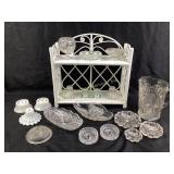 Glass Crystal Pitcher & Dishes, Wicker Shelf