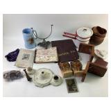 Old enamelware double boiler pan, wood bowls, art