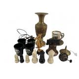 India brass vase, black glass & metal skull shot