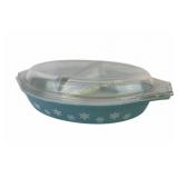 Pyrex Turquoise snowflake divided casserole dish