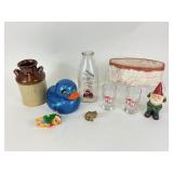 Equity milk bottle, milk jug, pottery, Tincaps