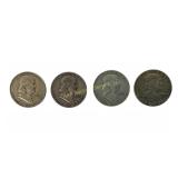 4 Franklin Half Dollars Silver Coins 1952, 53, 62