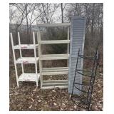2 plastic shelving units, garden stand, shingles