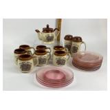 Enesco 1977 Stoneware Tea Set, Pink Depression Gla