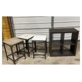 Cube shelf, 3 wood and metal side tables