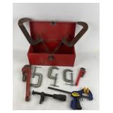 Toolbox With Clamps, Pipe Wrenches, Irwin Clamp