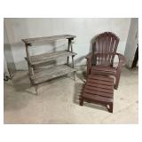 Wood plant shelf, plastic lounge chair