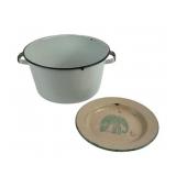 White Enamel Pot and Plate with Elephant Design