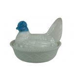 Milk Glass Hen Covered Dish, White, Blue Head