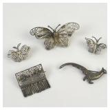 806 Stamped Silver tone Butterfly Filigree pin,
