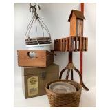 Metal File Box, Birdhouse-Adorned Planter Stand, H