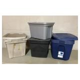 7 plastic tote bins with lids- sterilite, homz