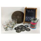 Beer Glasses, Coasters, Chalkboard, Saw Blade