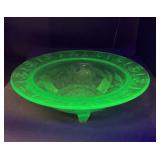 Uranium Glass Footed Bowl With Etched Design