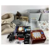 Household Items Including LED Bulbs, Baskets, Flas