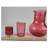 Handpainted Cranberry Glass Pitcher, Cup
