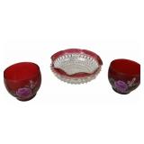 Indiana Glass Diamond Point Bowl & Hand Painted Re