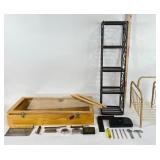 Wood Display Box, Metal Shelves, Tools