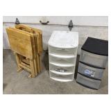 Plastic drawers, wood tv trays