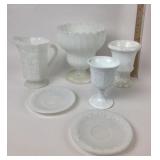 Milk Glass Vases, Chalice, Pitcher, Saucers