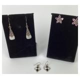 (3) pairs sterling earrings, stones, MOP & black