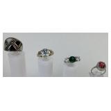 (4) sterling & stone rings - one damaged. Sizes