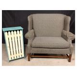 Wingback chair and a half, picket fence shelf