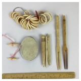Antique carved sewing notions - stilettos, silk