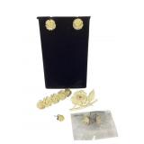 Antique carved flower pins & earrings