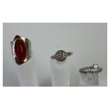 (3) sterling & stone rings, the red stone ring