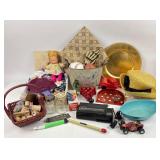 Marble game, sewing supplies, straw hat