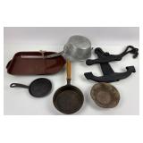 2 Cast Iron Skillets, Metal Colander, Anchor Decor