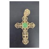 TJR .925 TR Marked Gold tone Cross with green