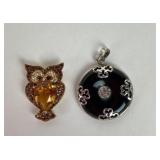 (2) sterling & stone pendants - owl & bi disk.