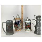 Beer Steins; Pewter Lid, Milk Glass, Coat of Arms