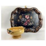 Signed Hand-Painted Serving Tray, Ceramic Pedestal