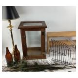 Lamp, Wooden Display Case, Beer Bottles