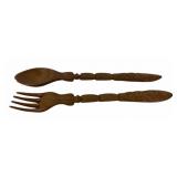 Carved Wood Serving Fork, Spoon Utensils