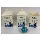 German Blue Delft Style Canisters, Glass Paperweig