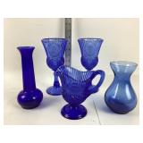 Avon Cobalt Blue Glass Goblets, Vase, Creamer, UV
