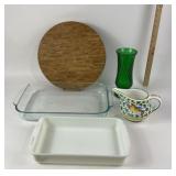 Pyrex Bakeware, Green Vase, Hand-Painted Pitcher,