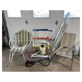 chairs, wheelbarrow, clothesline, yard game