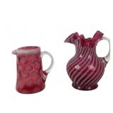 Cranberry Art Glass Pitchers With Clear Handles