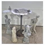 Iron & Metal Bird Bath & 4 Garden Statues