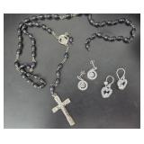 .925 Sterling Silver Earrings, Rosary, Cross
