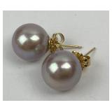 Pair 14k gold & cultured pearl earrings. Total